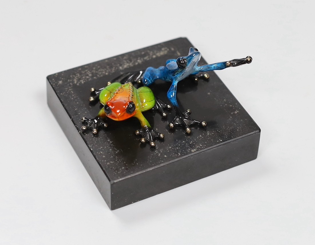 Tim Cotterill (Frogman) two small limited edition enamelled bronze frogs, ‘Meadow’ 1331/5000 with certificate of authenticity and another 3303/5000 without certificate of authenticity. Tallest 5cm